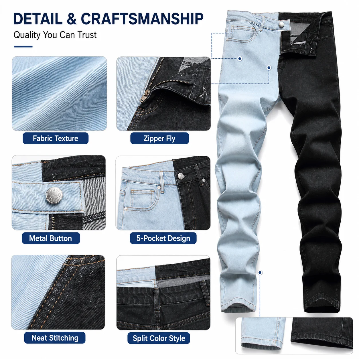 Custom Men's Straight Jeans Pant Plus Size Casual Style Denim with Boys' Color Stitching Zipper Washed Technics