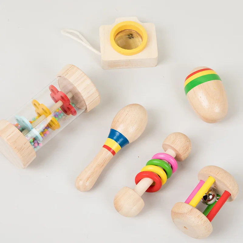 Factory Montessori early education wooden baby rattle wooden hand bell musical instruments for kids teething toys set