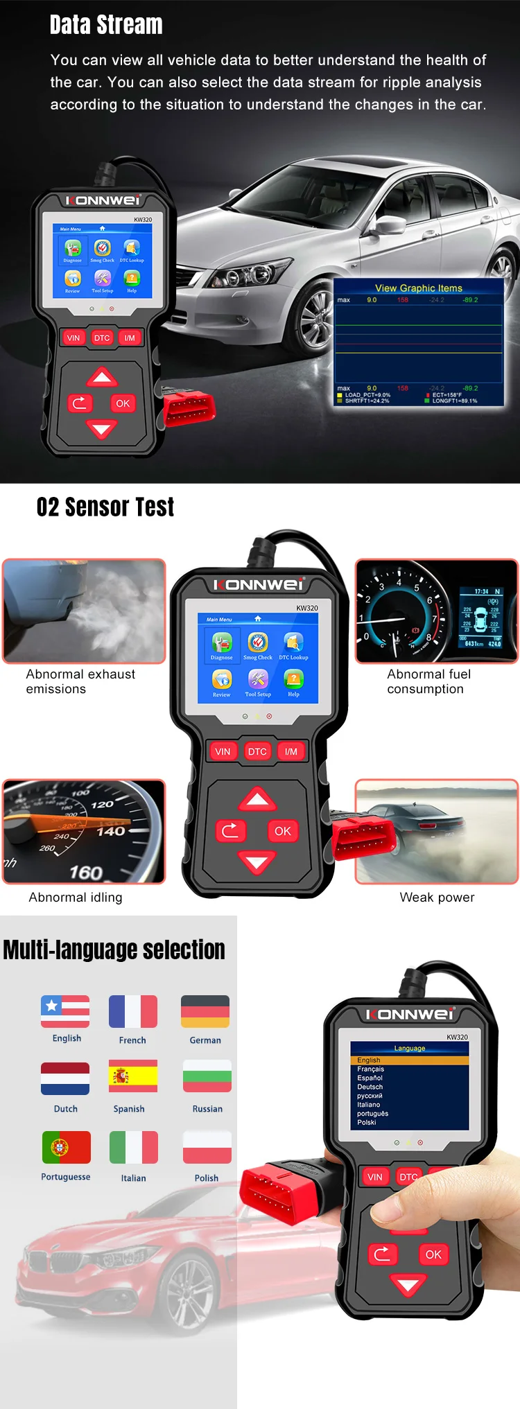 Konnwei kw320 obd2 scanner de voiture obd outils automatiques obd