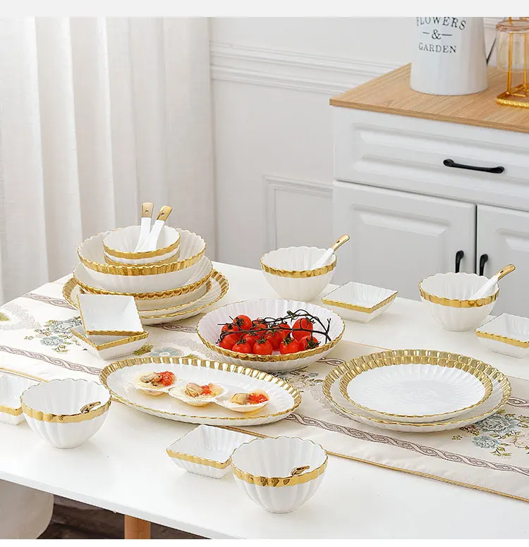 Highend Kitchen Tableware Ceramic Bowl Plates Sets Nordic White Gold
