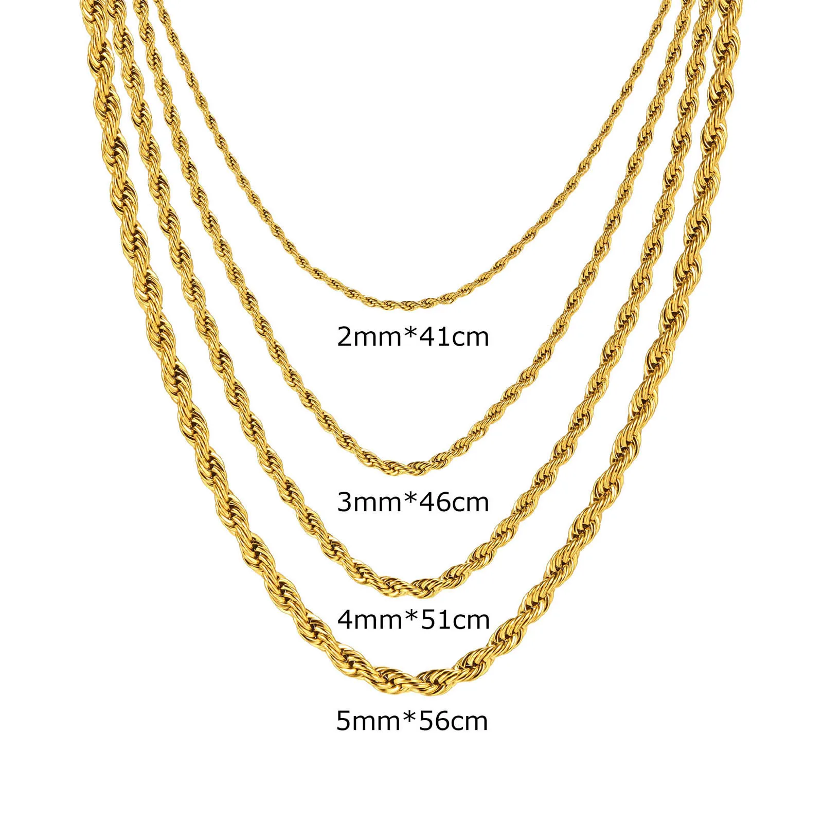 Stainless Steel 2MM 3MM 4MM 5MM Twist Thick Chain Choker Layered Men Women  Gold Rope Chain Necklace