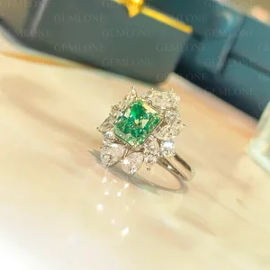 GEMLOVE Luxury 14K/18K White Gold CVD Lab Diamond Ring - Emerald Cut Green Lab Grown Ring for Women