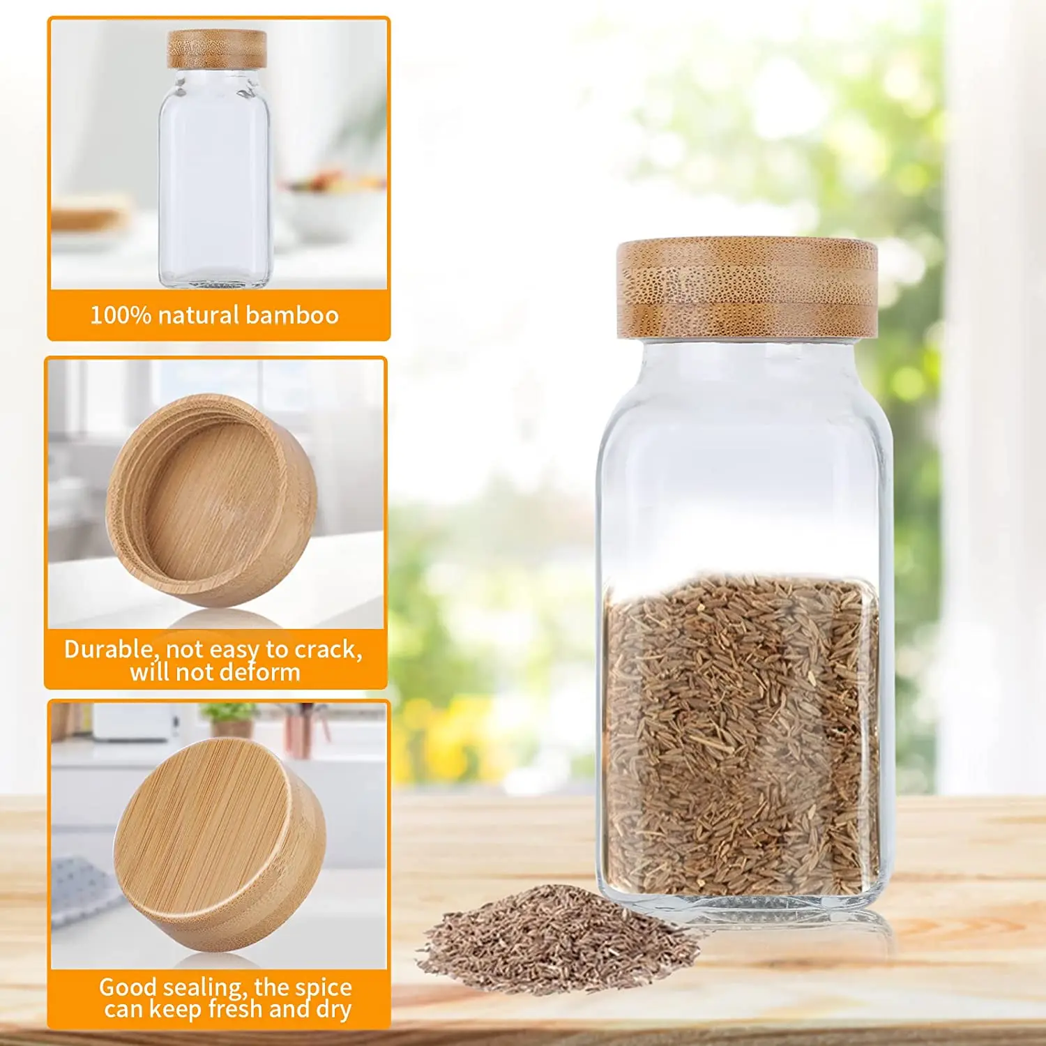 Kitchen Ecofriendly Bamboo Wood Lid Glass Spice Jars Spice Containers