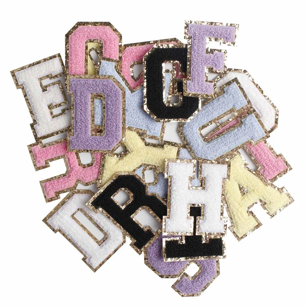 Custom Glitter Chenille Alphabet Letter Greek Varsity Designer Badge  Wholesale Embroidery Chenille Patches Iron on