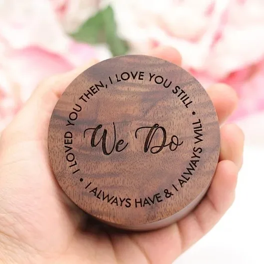 Anniversary Gift Engagement Wedding Ceremony Rotating Round Circle Wooden Walnut Proposal Engraved Ring Bearer Box