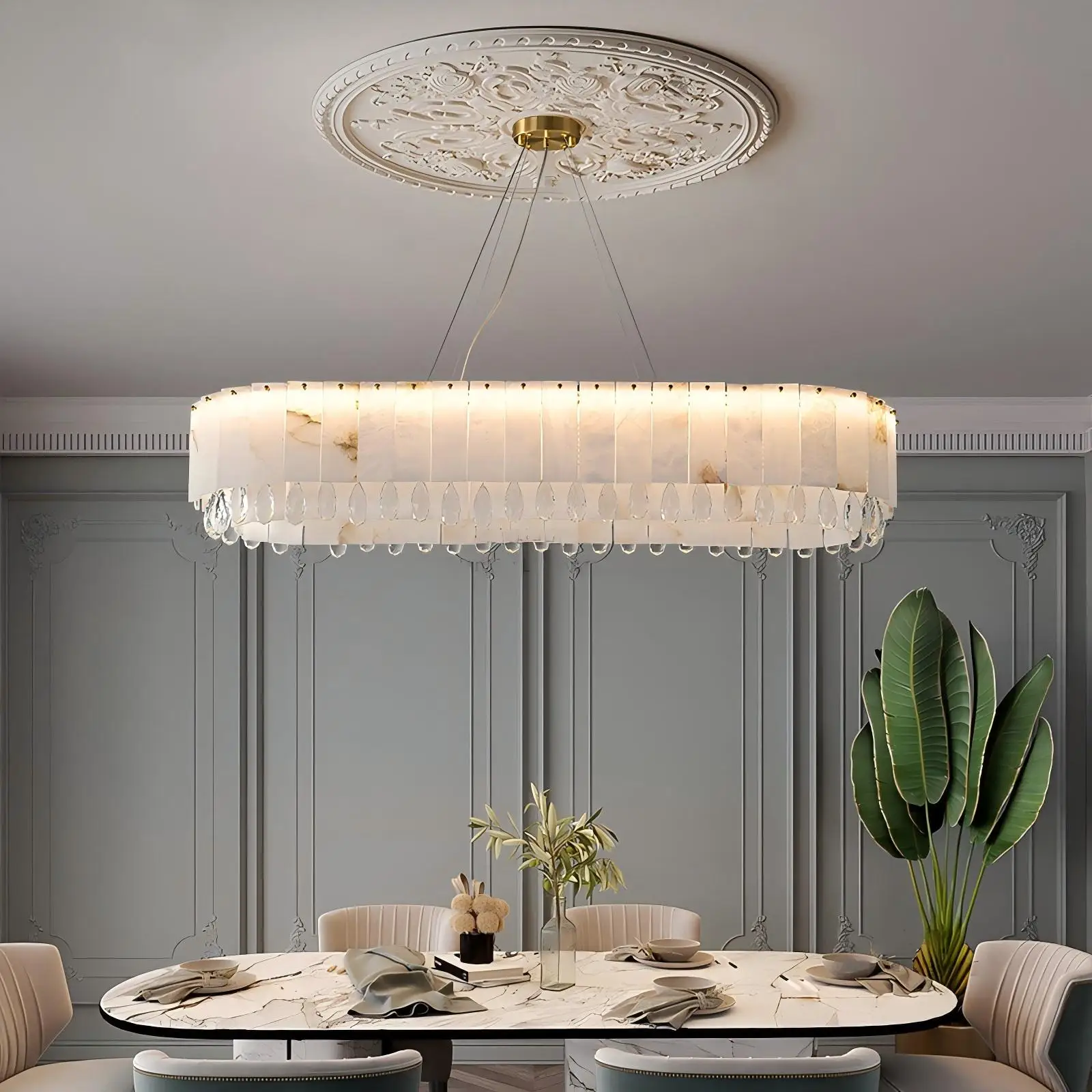 Dinning Table Hanging Decorative Round Ball Led Pendant Lamp Brass Alabaster Chandelier Luxury Snowflake Marble Lights