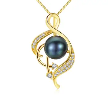 Tahitian Black Pearl Freshwater Cultured pendant 18k gold plated sterling silver black pearl necklace