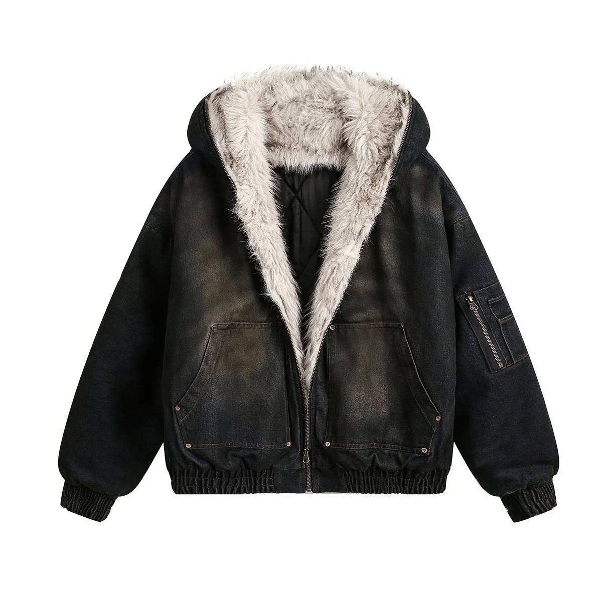 Salati Mens Winter Loose American Trendy Brand Denim Cotton-padded With a Fur Collar and a Hood, Featuring Pocket Decorations