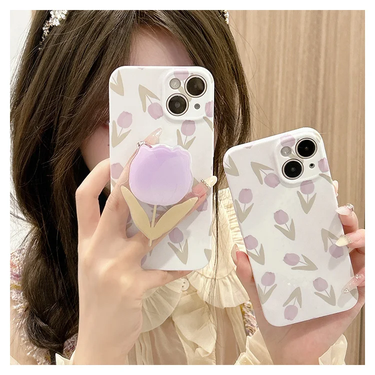New Arrival Purple Pink Gradient With Tulip Holder Phone Case for IPhone 15 14 13 12 Pro Max