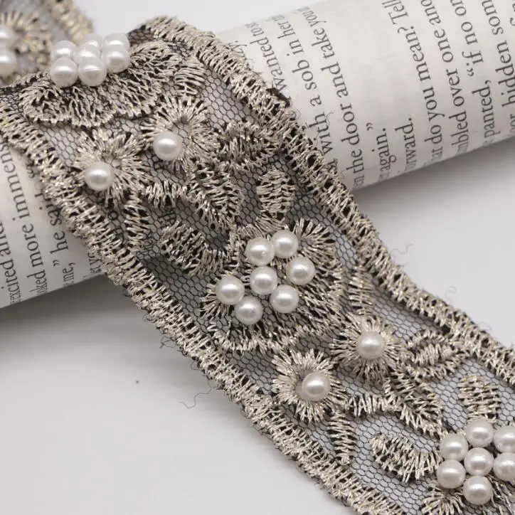 Embroidery Beaded Pearl Gold and Silver Women Dress French Tulle Border  Lace Trimming Fabric With Beads for Wedding Dress