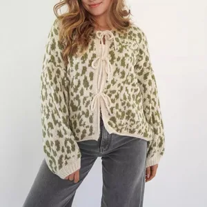 O Neck Tie Knit Cardigan Jacket Retro Leopard Print Knitted Top Sweater for Women