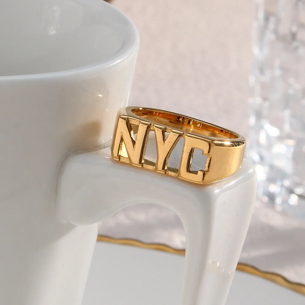 Dreamshow Initial Letter NYC Signet Ring Gold Plated Stainless Steel Rings Jewelry Women