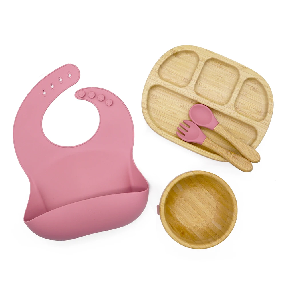 Melikey Custom Baby Tableware Weaning Set Bowl Spoon Kids Animal Suction Plate Baby Bamboo Feeding Set