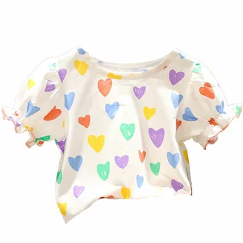 Girls summer short sleeve T-shirt baby Western style children's personality trendy puff sleeve love cotton half sleeve top