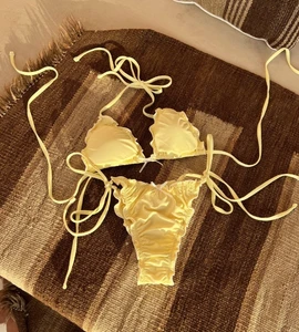 2026 Customized Corn Yellow Flare Triangle Bikini 90's Fashion Style with Lace Mesh & Tie String Factory Made Bra & Beachwear