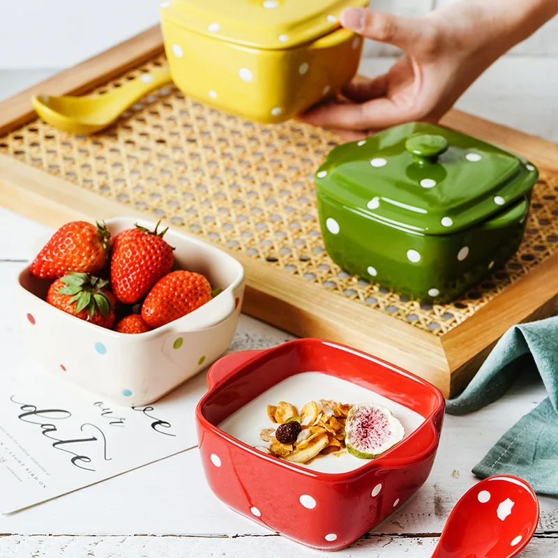 2022 New Arrival Square Ceramic Dinnerware Service Cookware Hand Painted Polka Dot Ceramic Soup Bowl with Lid