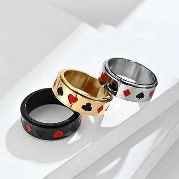 RFJEWEL Hot Playing Card Pattern Stainless steel Gold/Silver/Black Plated Rotate Relieve Stress Ring