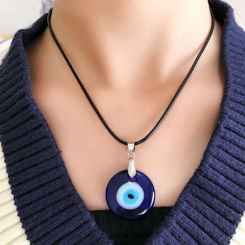 Glass Rope String Chain Turkish Lucky Evil Eye Pendant Necklace for Women Men