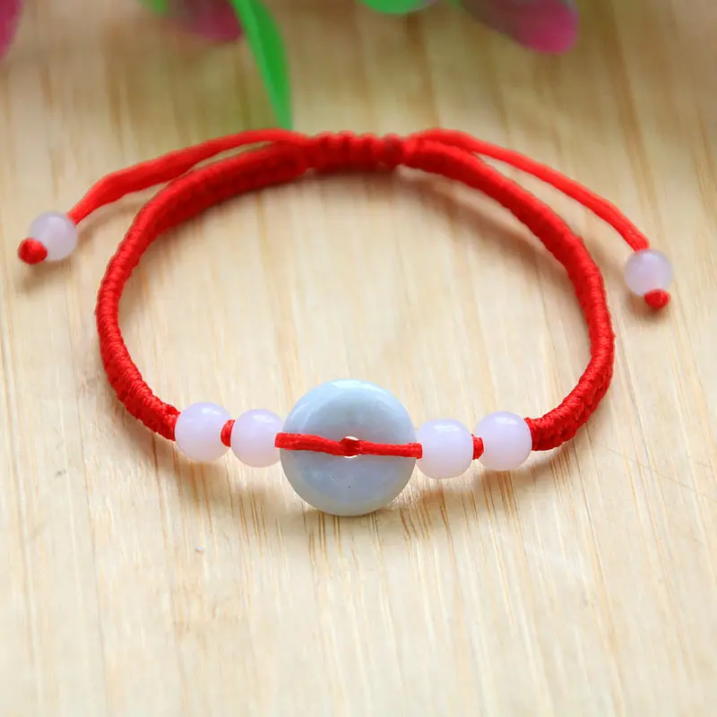 Good Luck Red String Handmade Adjustable Red Rope Light Green Natural Jade Gourd Pixiu Jade Donut Bracelet for Women Men