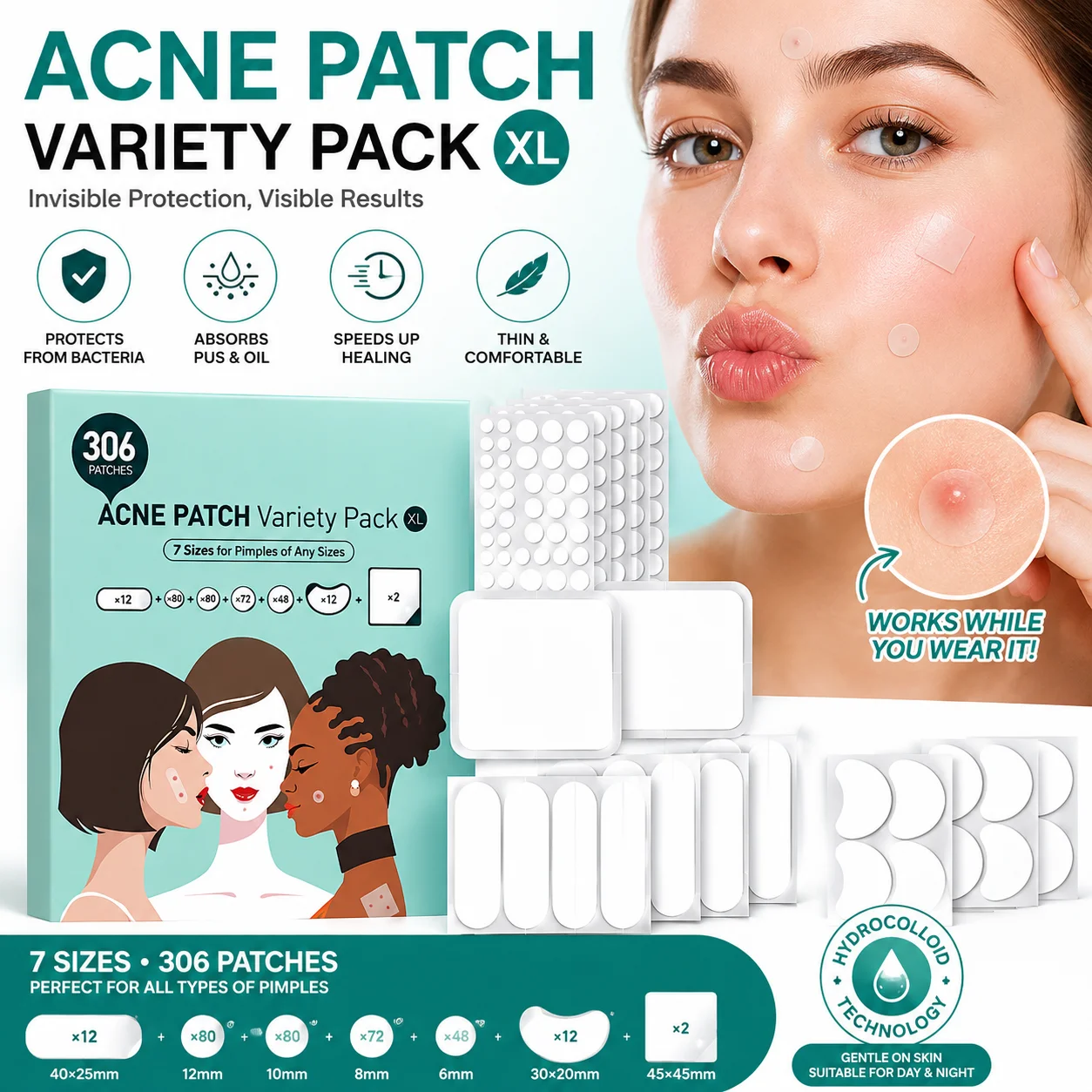 Custom Private Label Hydrocolloid Acne Patch Variety Pack 306 Dots 7 Sizes Pimple Patches for Face Wholesale OEM Factory