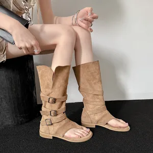 Cowhide Summer Outdoor Two-Way Flip-Flop Women Sexy Square Toe Thick Heel Fashionable Trendy Stacked Trouser-Leg Long Boots