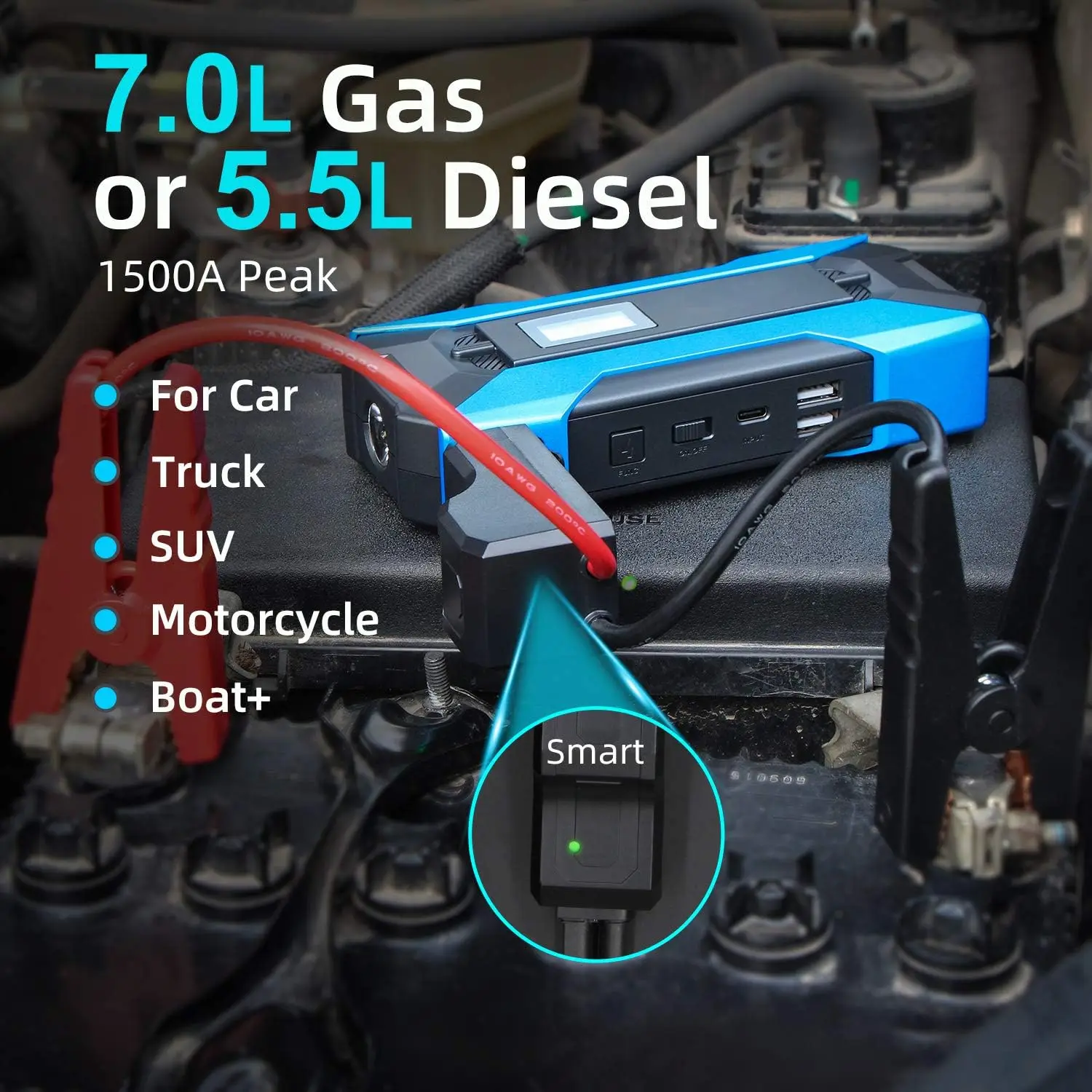 Автомобильное пусковое устройство, 1500A, 12 В, литиевая батарея