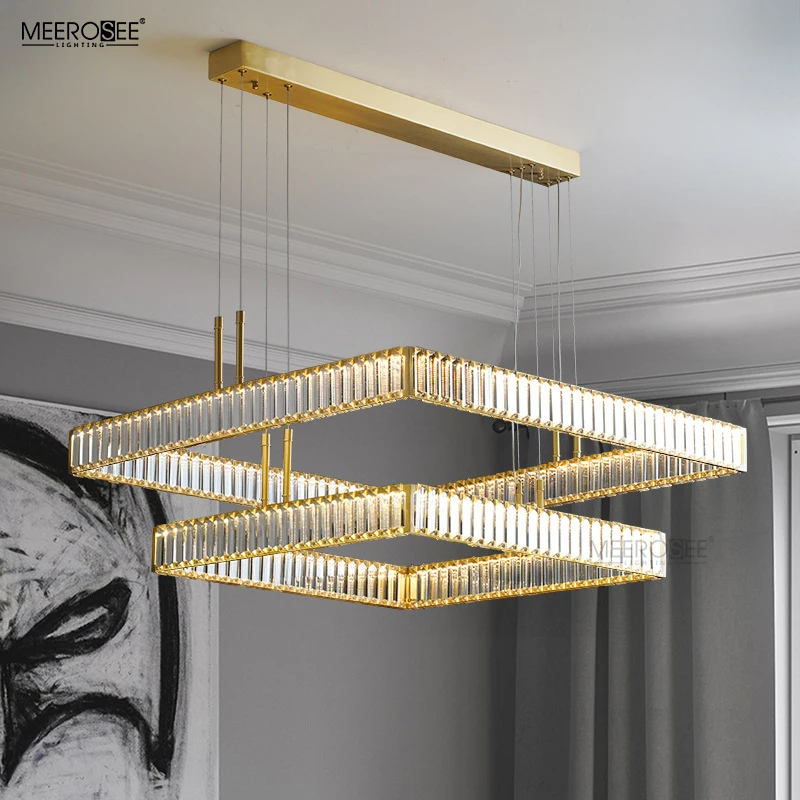 MEEROSEE Golden Pendant Lamp Copper Crystal Chandelier Light Square Rectangle Hanging light for Dinning Living Room MD87222