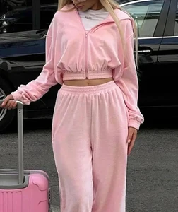 Wholesale 2 Pieces Women's Casual Daily Wear Knitting Tracksuit Custom Logo Cozy Full Length Sweatpants Crop Top Full Zip Hoodie