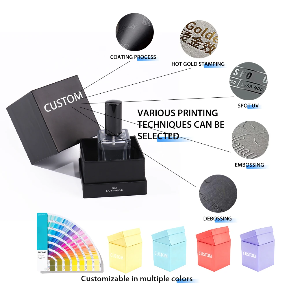 علبة تغليف عطرية فاخرة مصنوعة من الورق المقوى الصلب المخصص، تتكون من غطاء وقاعدة، مع طباعة الشعار والتشطيب الحراري (Stamping)، وهي علبة تغليف عطرية راقية
