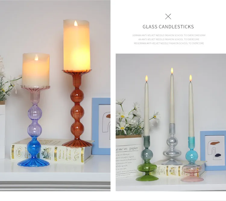 Decorative Modern Pillar Candle Stand Colorful Glass Taper Candle Holder Centerpiece for Wedding Dinning Party details