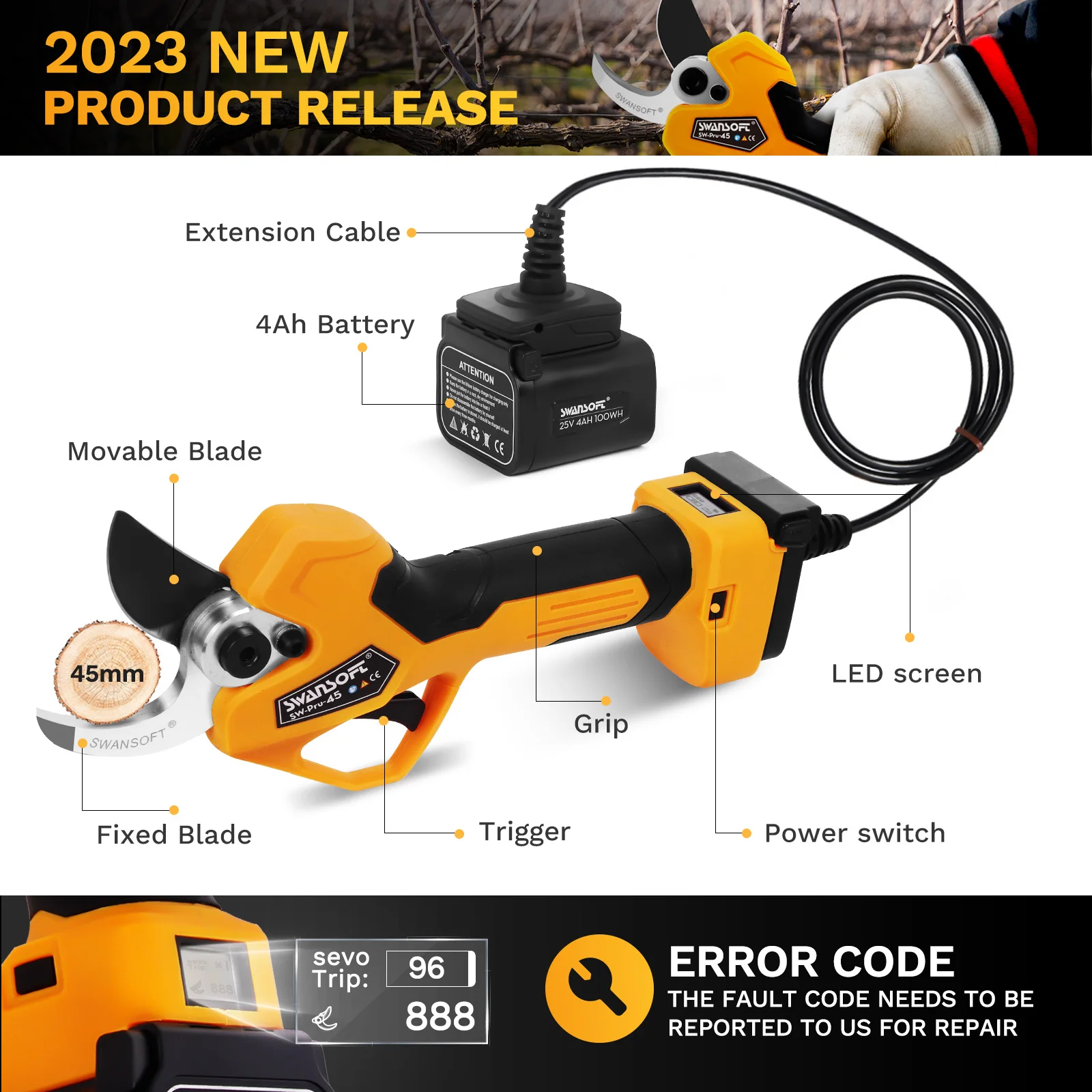 Powerful 45MM Electric Pruning Shears by Swansoft - Long Use, CE