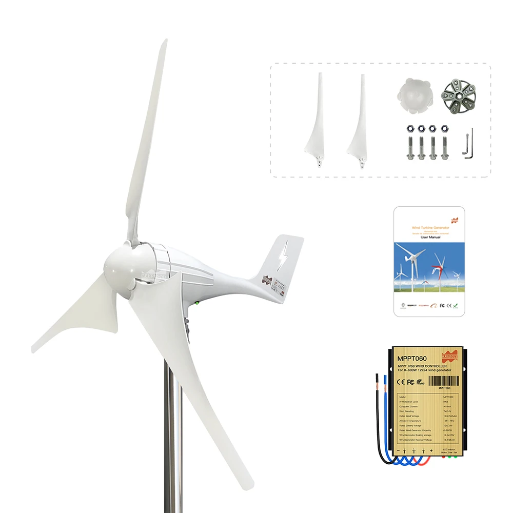 600W 12V 24V 3 Blades Residential AC Hawt Wind Mill Generator Wind  TurbineとFree MPPT Controller Charging Indicator LED