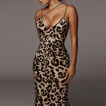 Summer new women's V-neck backless halter dresses sub fashion sexy leopard print dresses