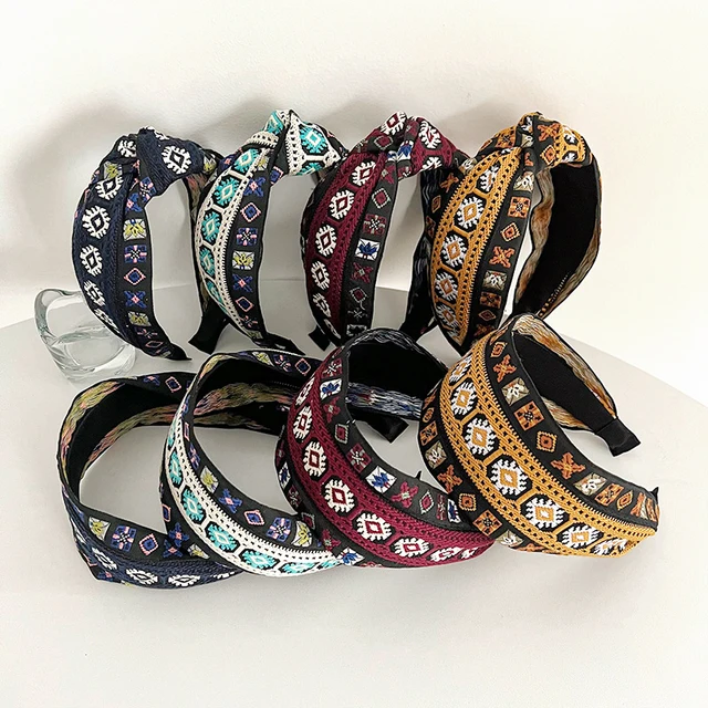 Ethnic Style Knotted Fabric Headband for Women Wide Twist Knitted Flower Knot Hairband Fine Workmanship Checked Hair Accessories