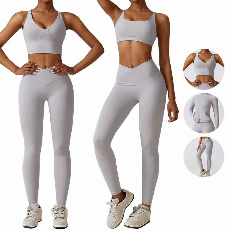 2023 Autumn 4Pcs Long Sleeve Top Beauty Back Bra Legging Outdoor Workout Gym Fitness Clothing Active Wear Sports Yoga Set Women