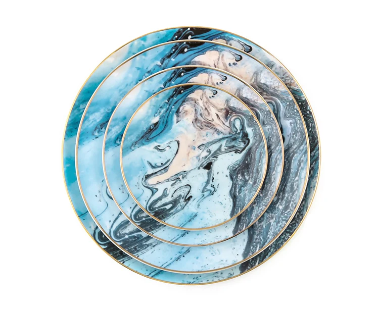 Wholesale Luxury Abstract Sea Water Design Ceramic Dinner Tableware Bone China Dinnerware Sets For Wedding Porcelain Plates