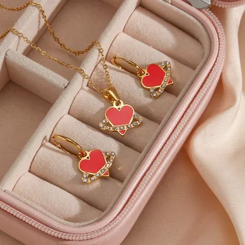 Drop Ship Enamel Red Heart Gold Plated Stainless Steel Pendant Necklace For Women Zircon Jewelry Set Necklaces And Earrings