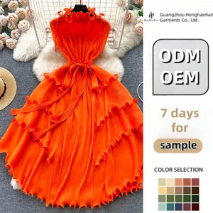 ODM OEM Custom Women'S Sweet Wooden Midi Solid Woven A-Line Slim Long Pressed Pleated Chiffon Dress Spring