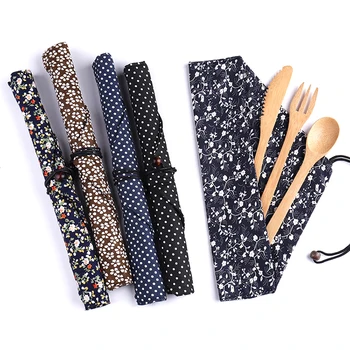 2022 Hot Sell Japanese Style Reusable Knife Fork Spoon Travel Picnic Outdoor Portable Flatware Bamboo Cutlery Set With Cloth Bag