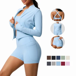 Women's High Quality Three Piece Fitness Yoga Clothing Set-Solid Color Sports Bra Breathable Yoga Cardigan Pocketed Yoga Shorts