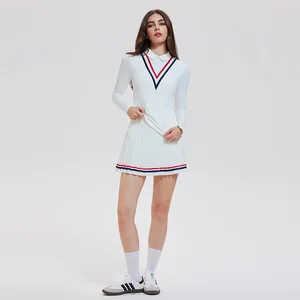 Women Tennis Sport Wear High Elastic Casual Two-Piece Set V Polo Collar Gym Women Anti-walking Tennis Skirt Women Set