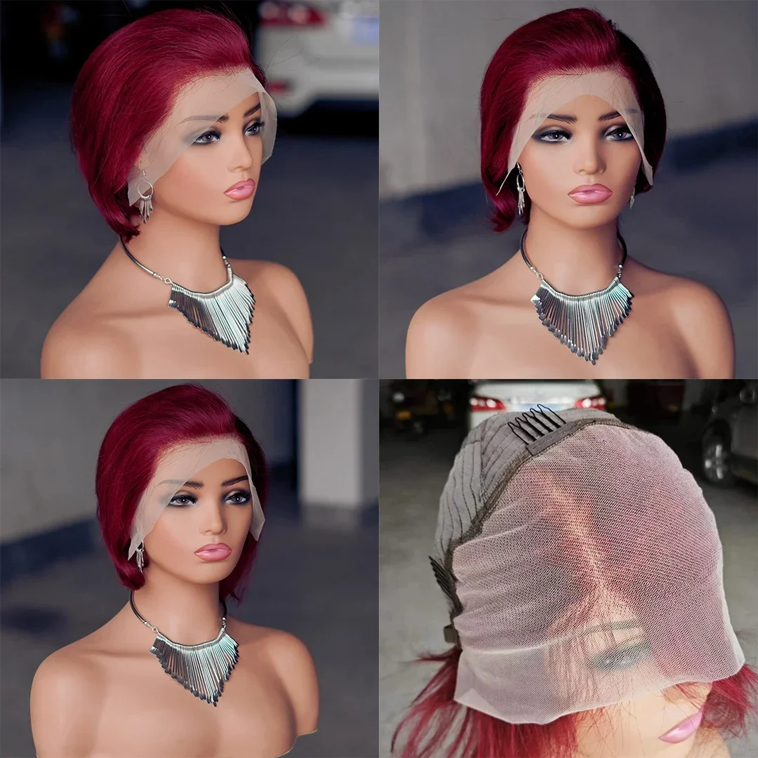 Color Human Hair Wigs for Women Straight Bob Wig Lace Frontal Transparent Lace Natural Pixie Cut_voghion.com