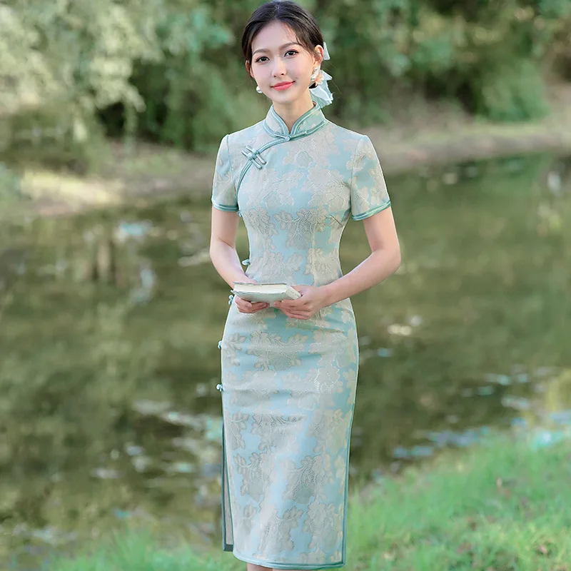 knee length dresses for ladies Ivory White Halter Neck Midi Modern Cheongsam Qipao Dress