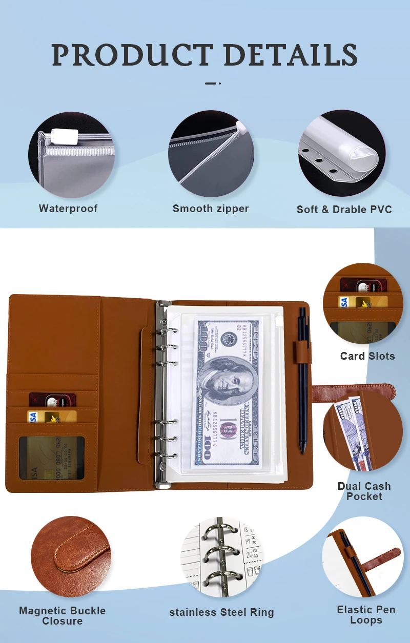 Custom Size PU Leather Notebook A4 A5 A6 Daily Weekly Budget Business Office Binder Loose-leaf & Thread Sewing Binding for Gift factory