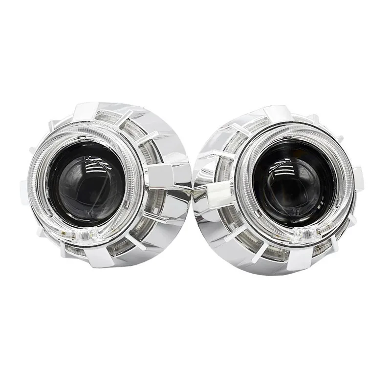 Led Angel Eye Headlight Projector Lenses 2.5 Inch Bi-Xenon Full Kit with H1  Led Bulbs White Ring LED Halo For H4 H7 Car Retrofit