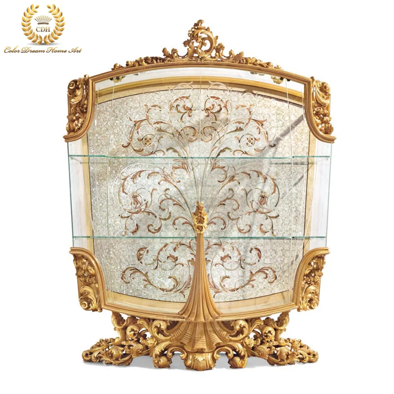 Italian Handmade Custom Furniture Rococo Style Living Room Cabinets Royal Gold Glass Display Cabinet