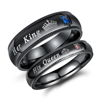 King And Queen Crown Engagement Ring With Pink And Blue Crystal Stainless Steel Jewelry Black Plated Rings
