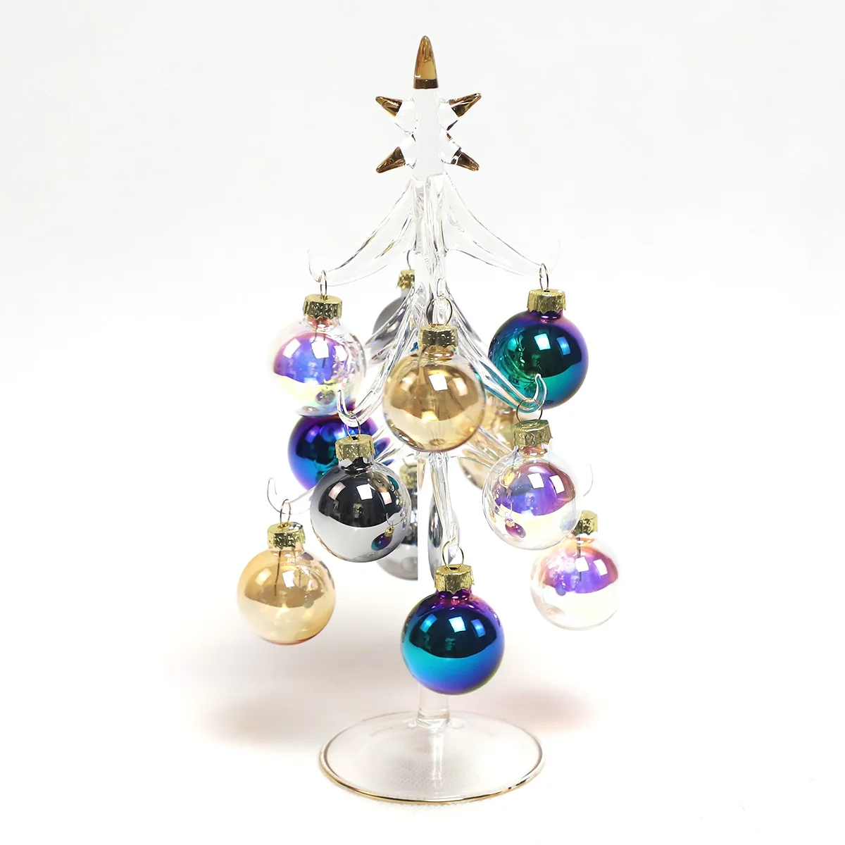 Home Christmas decoration small clear hand painted blown glass Christmas tree with mini hanging bauble ball ornaments