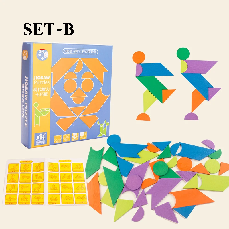130 PCS Wooden Pattern Blocks Geometric Shape Puzzles Classic Educational Toys Tangrams Set for Kids with 24 Design Cards