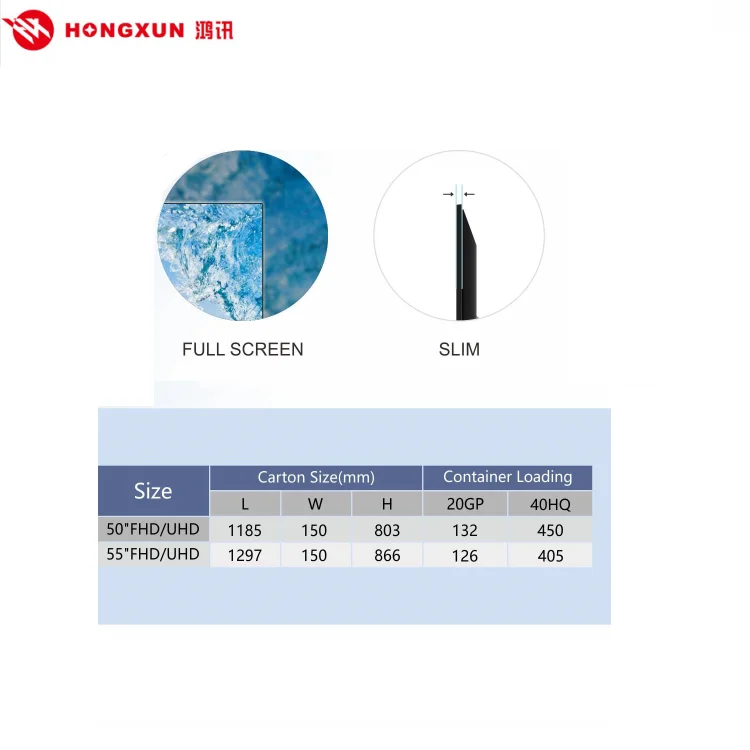 Hongxun Factory Full Screen  Hifi Sound Bass Led Smart Tv 4K Ultra Hd 32 43 50 55 Inch Television Qled Tv